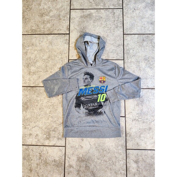 FCB Barcelona #10 Messi Hoodie Pullover Youth Size Large Gray Long Sleeve Sweat - Picture 2 of 16
